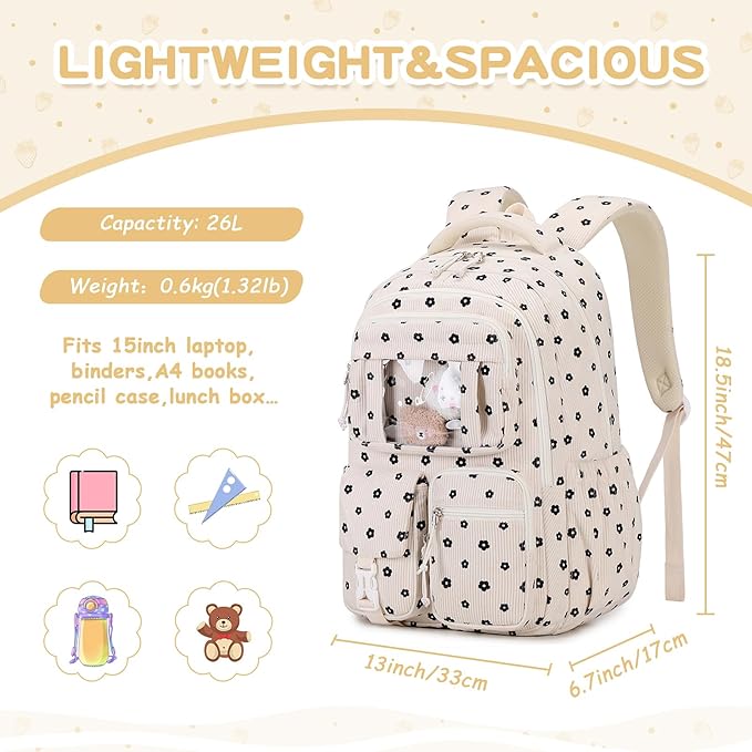 Corduroy Backpack Kids Backpack for Girls School Bags for Middle School Students Book Bag for Elementary Primary Kawaii Ita Backpack, Flower
