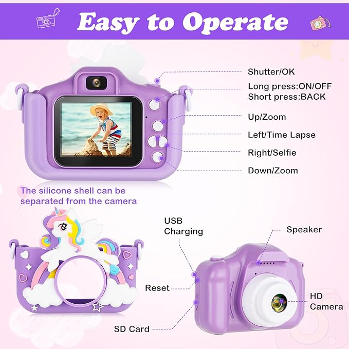 Kids Camera,HD Digital Video Camera with Protective Cover,Childrens Toys for 3 4 5 6 7 8 9 Year Old Boys/Girls,Selfie Camera for Kids,Christmas Birthday Gifts with 32GB SD Card (Unicorn Purple)