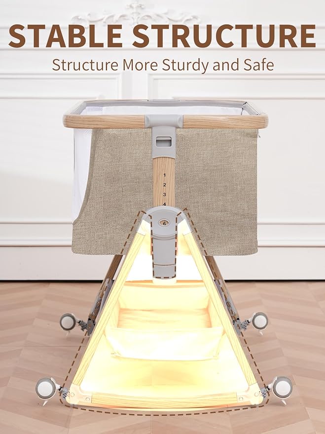 Baby Bassinet, Bassinet Bedside Sleeper with Waterproof Bassinet Sheets and Soft Mattress, Safe Adjustable Height Bedside Bassinets with Wheels, Girl/Boy Bassinets, Khaki