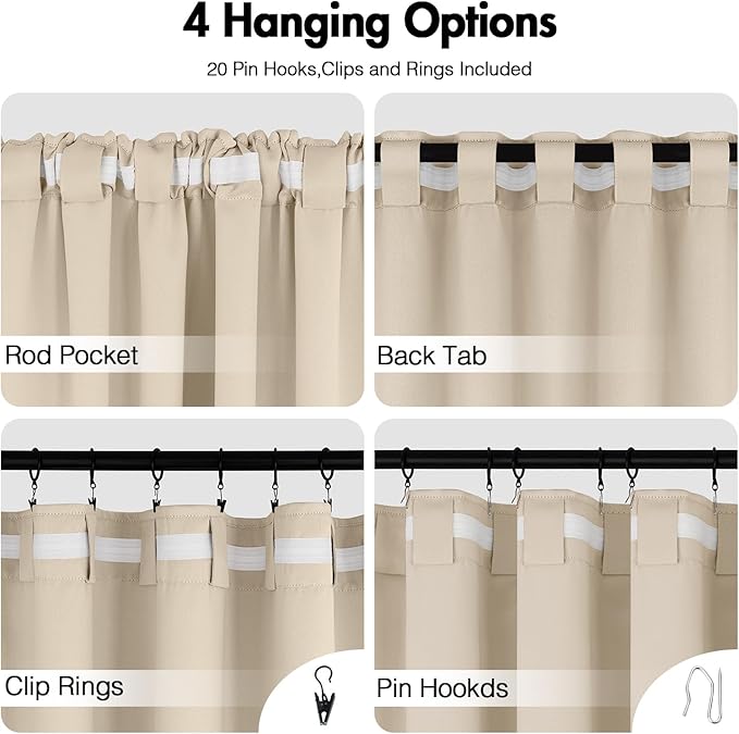 ANRODUO Back Tab Blackout Curtains for Bedroom Living Room, Rod Pocket Pinch Pleated Thermal Insulated Room Darkening Curtains 63 Inches Long 2 Panels, Cream Beige, 42 x 63 Inch