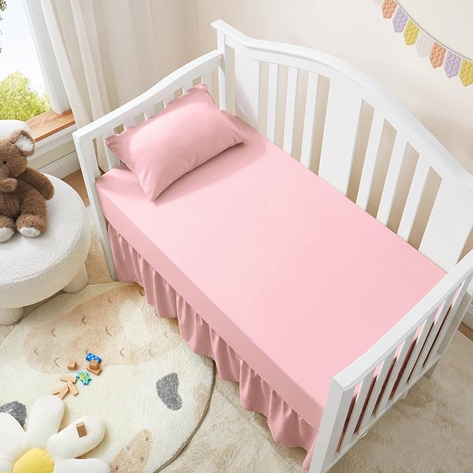 Horbaunal 2 Pack Set Crib Skirt & Crib Bed Sheet, Pink Crib Bed Skirt 28" x 52" with 14" Drop Dust Ruffle, Soft Microfiber Toddler Bedskirt Nursery Bedding Skirt for Baby Girls and Boys
