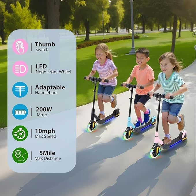 Foldable Children's Electric Scooter (Ages 6-14) - Top Speed 16 km/h, Maximum Range 8 km, 7-inch Illuminated Front Wheel, 6-inch Solid Rear Wheel