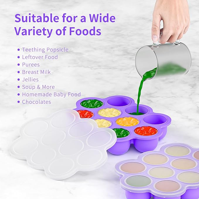 10 Cavities 2 OZ Portions Silicone Baby Food Freezer Tray with Lid,Ice Cube Trays & Molds,Baby Popsicle Mold,Egg Bite Molds,for Freezing and Baking Breast Milk,ice Cube,Egg Bites(Purple)