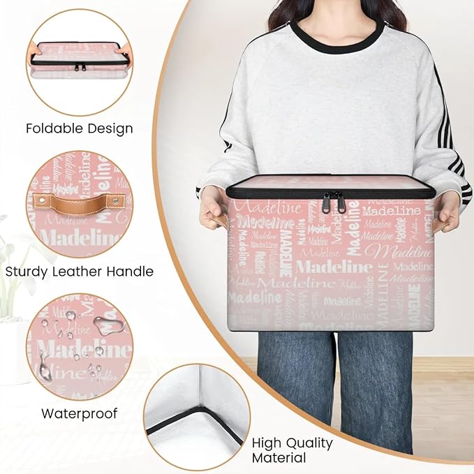 Custom Storage Basket with Name, Personalized Storage Bins with Zipper Lid, Foldable Fabric Storage Box Large capacity with Handle Pink White