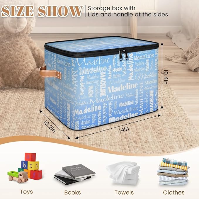 Custom Storage Basket with Name, Personalized Storage Bins with Zipper Lid, Foldable Fabric Storage Box Large capacity with Handle Blue