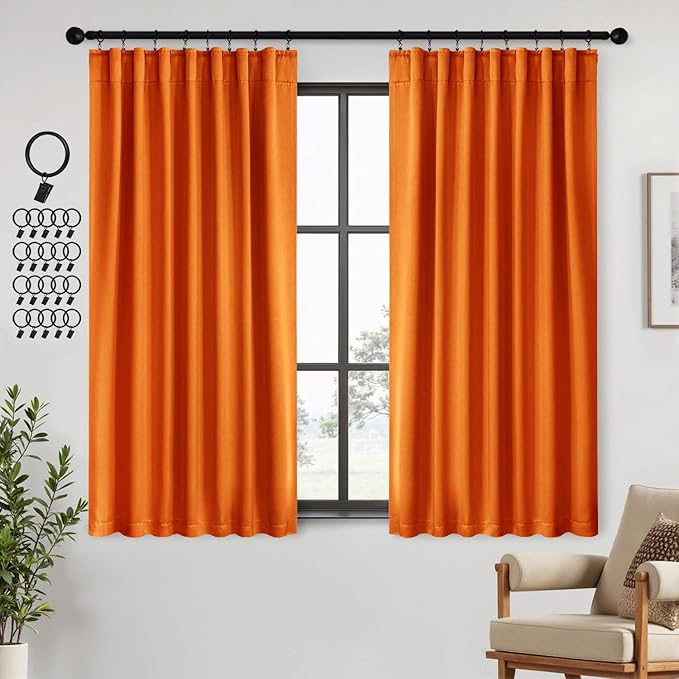 ANRODUO Back Tab Blackout Curtains for Bedroom Living Room, Rod Pocket Pinch Pleated Thermal Insulated Room Darkening Curtains 72 Inches Long 2 Panels, Orange, 42 x 72 Inch