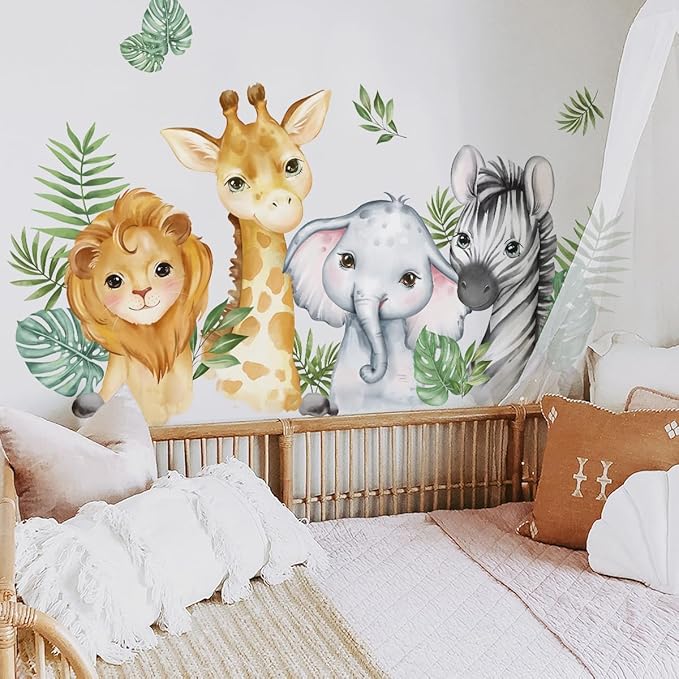 52.51x23.62 Inch Watercolor Jungle Animal Wall Decals Safari Forest Animal Wall Sticker Elephant Lion Monkey Decals for Baby Nursery Playroom Bedroom Classroom Kindergarten Decor
