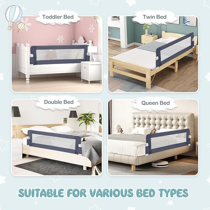 BABY JOY Double Sided Bed Rail Guard, 2 Pack, Extra Long, Swing Down for Convertible Crib, Folding Baby Safety Bedrail for Kids Twin Full Size Queen King Mattress, Rails for Toddlers (Dark Blue, 60")