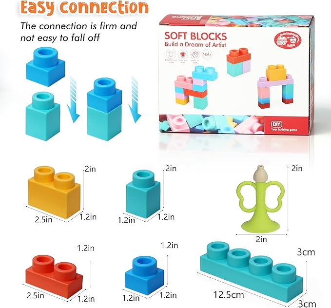 22 Pcs Soft Building Blocks for Toddlers 18M+, BPA - Free Sensory Teether Toys, Montessori STEM DIY Bricks, Early Learning Creative Stacking Set, Safe Baby Construction Toys