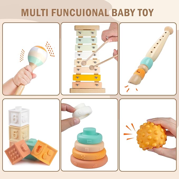Baby Toys 6-12 Months Montessori Toys for Babies 9 Months,Wooden Musical Instruments Toy Stacking Building Blocks,Infant Teething Toys Sensory Balls,Xylophone,Birthday Gift for Toddlers 1+ Year Old