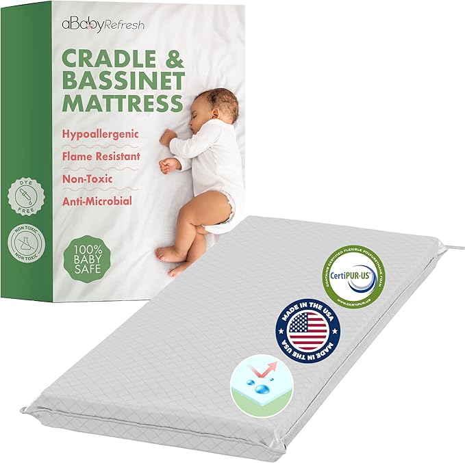 Cradle Baby Mattress and Bassinet Mattress – 2-Inch Firm Foam Baby Bed with Waterproof Vinyl Cover – Non-Toxic Hypoallergenic Cushion Pad Replacement for Infant Bed (Multiple Standard Sizes)