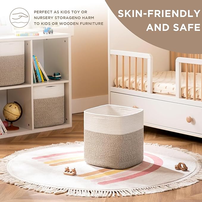 joybest Cube Storage Bins Set of 4, 13inch Cube Baskets Organizer for Nursery, Square Cotton Rope Baskets for Shelves Organizing, Kids Toy, Closet Storage, Brown and Cream White