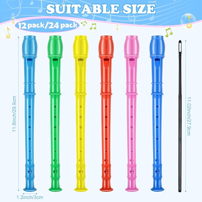8 Hole Soprano Recorders Descant Flute Bulk With Cleaning Rod German Style for Back to School Gift Christmas Shoebox Supplies Musical Instruments Party Favor (12 Pack)