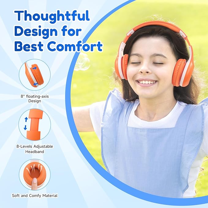 EarFun K2 Kids Bluetooth Headphones, Kids Headphones with Volume Limited, 40H Playtime, Built-in Mic, Stereo Sound, Foldable Over-Ear Headphone for School/Travel/iPad/Tablet, Orange