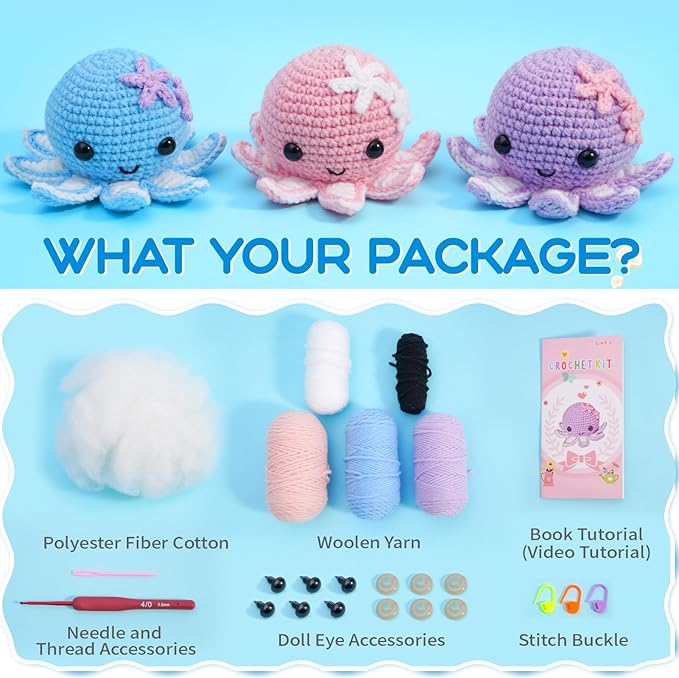 Crochet Kit for Beginners, Make 3 Amigurumi Crochet Animals with Step-by-Step Video Tutorials, Complete Starter Kit for Adults, Kids and Teens, Perfect DIY Craft Gift to Learn Crocheting