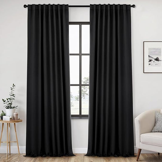 ANRODUO Back Tab Blackout Curtains for Bedroom Living Room, Rod Pocket Pinch Pleated Thermal Insulated Room Darkening Curtains 102 Inches Long 2 Panels, Black, 52 x 102 Inch