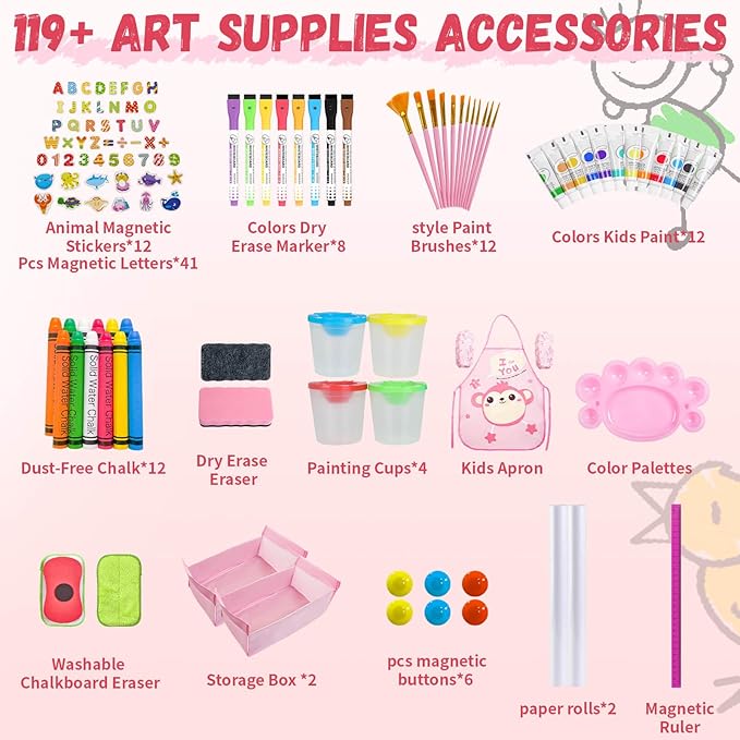 Easel for Kids,Adjustable Wooden Art Easel for Kids,119+ Art Supplies,Double Sided Magnetic Chalkboard and White Board Whit Storage Basket,Drawing and Painting for Aged 2-4,5-7,8-12,2 Paper Rolls