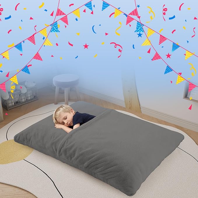 COMAX 3-in-1 Bean Bag Chair for Kids, Toddler Beanbag Bed, Convertible Child Floor Lounger, Floor Mattress with Filler for Girl Boy Sleeping Reading, Grey