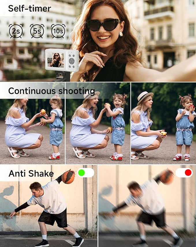 Digital Camera for Kids, FHD 1080P 44MP Point and Shoot Digital Camera with Face Detect, Smile Capture, 18X Zoom, 20 Filters, Anti Shake, 32GB SD Card White Compact Vintage Camera for Kids Boys Girls