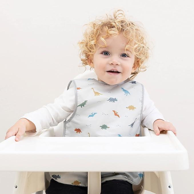 Tiny Twinkle Mess Proof Baby Bib - Waterproof & Lightweight Baby-Led Weaning Apron | 100% Recycled Polyester, Easy Clean & Machine Washable (Dinosaur, Small 6-24 Months)
