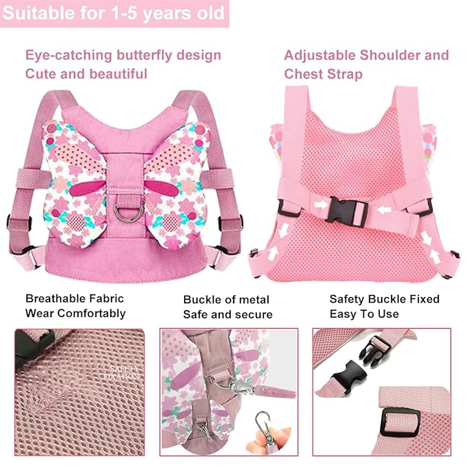 Anti Lost Toddler Harness - Butterfly Baby Leash and Wrist Link with Lock, Child Walking Harness Assistant for Girls, Cute Traction Safety Leash for Kids, Holiday Travel Christmas Gift, Pink