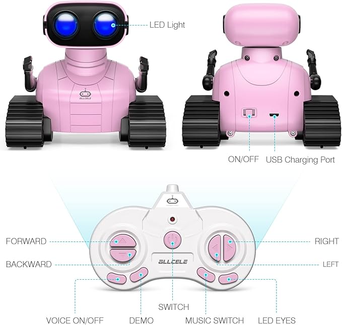 ALLCELE Girls Robot Toy, Rechargeable RC Robot for Kids, Remote Control Toy with Music and LED Eyes, Gift for Children Age 3 Years and Up - Pink