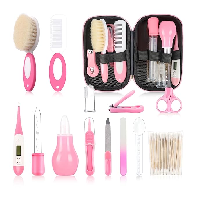Baby Grooming Kit，Infant Safety Care Setwith Hair Brush Comb Nail Clipper Nasal Aspirator, Baby Essentials Kit for Newborn Girls Boys (14 PC-Pink Kit)