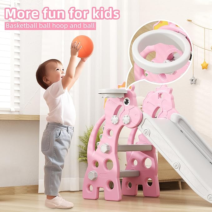 67i Toddler Slide for Indoor & Outdoor Play with Basketball Hoop, Anti-Slip Steps, 46.8in Baby Climber (Pink)