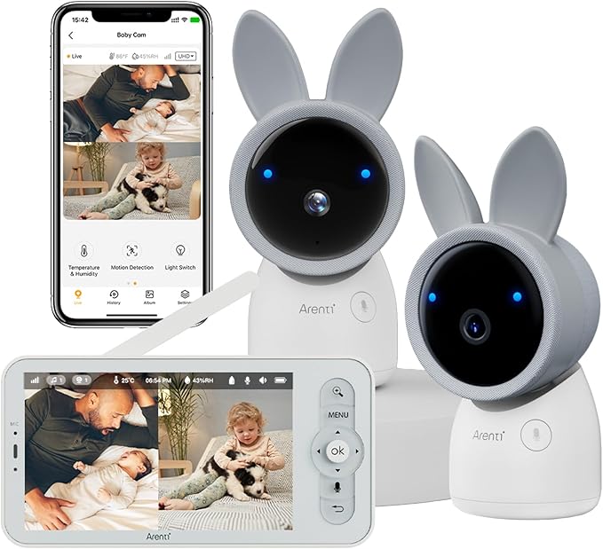 ARENTI Baby Monitor with 2 Cameras, Cry&Motion Detection, 2K Smart Baby Camera with 5'' Upgraded Wireless Display, 2 Way Audio, Super Night Vision, Lullabies, Breathing Light, Temp&Humidity Sensor