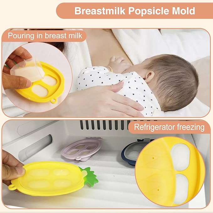 Baby Fruit Food Feeder - Silicone Nibble Tray Combo - Breastmilk Popsicle Mold for Cooling Relief, BPA Free Mesh Feeder for Infant Self Feeding (Monkey Pink + Pineapple)