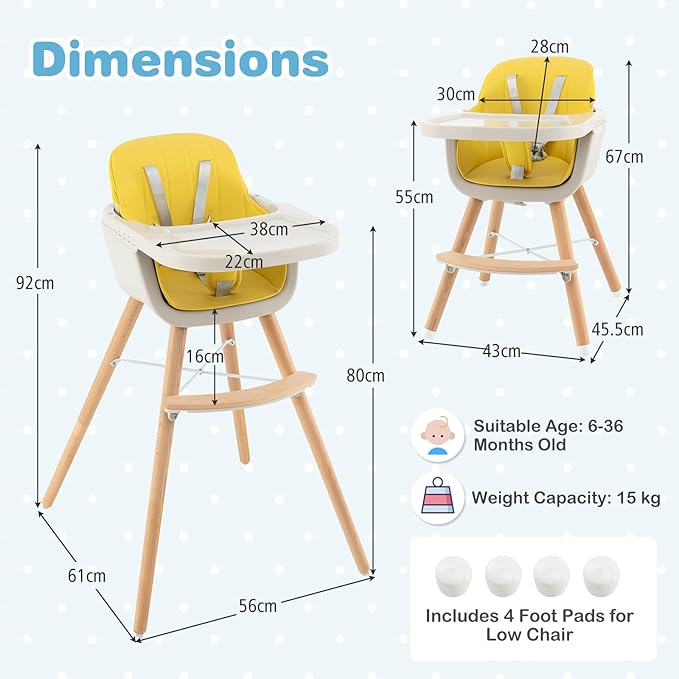 HONEY JOY High Chair, 3-in-1 Eat & Grow Wooden Highchair/Booster Seat/Toddler Chair with Removable Tray, 5-Point Harness, PU Cushion and Footrest for Baby, High Chair for Babies and Toddlers Yellow