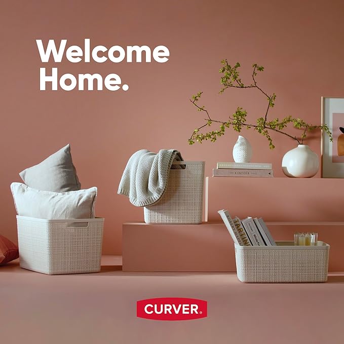 Curver Jute Decorative Plastic Organization and Storage Basket Perfect Bins for Home Office, Closet Shelves, Kitchen Pantry and All Bedroom Essentials, Set of 8 Grey