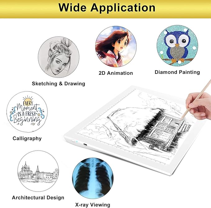 A4 Wireless Battery Powered Light Pad, TOHETO Tracing Light Box Dimmable Brightness Rechargeable LED Light Board Portable Cordless Copy Board for Artist Drawing Sketching X-ray Viewing (White)