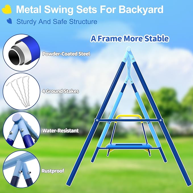 440lbs Kids Swing Set, 3-in-1 Outdoor Playground with Saucer Swing, Belt Seat & 4ft Trampoline, Heavy Duty A-Frame Metal Stand & Safety Stakes, Backyard Playset for Toddlers 3-8 Years Old