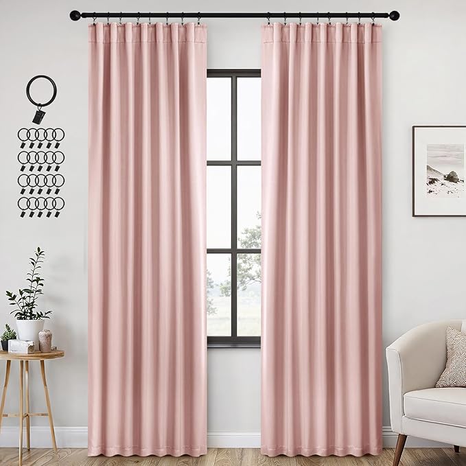 ANRODUO Light Pink Blackout Curtains for Girls Bedroom Living Room, Back Tab Rod Pocket Pinch Pleated Thermal Insulated Room Darkening Curtains 90 Inches Long 2 Panels, 42 x 90 Inch