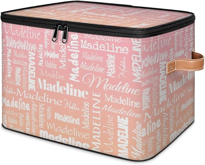 Custom Storage Basket with Name, Personalized Storage Bins with Zipper Lid, Foldable Fabric Storage Box Large capacity with Handle Pink Orange