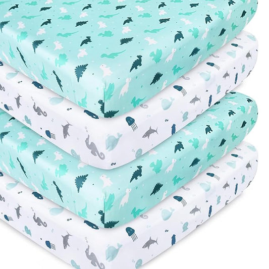 Crib Sheets for Boys or Girls 4-Pack, Fitted Crib Sheet 52'' x 28'' for Standard Crib & Toddler Mattress, Soft and Breathable Material, Baby Crib Sheets Neutral, Aqua
