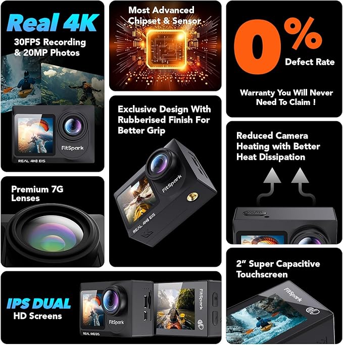 Eagle i15 ProMax Real 4k30FPS 20MP WiFi Action Camera Touch Screen EIS Stabilization Dual Screens Underwater Waterproof Sports Camera, 2 Batteries, Dock, External Microphone, Accessories Kit
