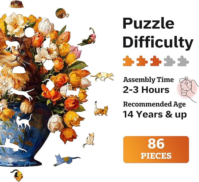Jigfoxy Wooden Puzzles for Adults, The Vase Cat Wood Puzzles Adult, Unique Animal Shape Wooden Jigsaw Puzzles for Adults, Birthday Gifts for Puzzle Lovers, Family, Friend (S-7.4 * 7.7in-86pcs)