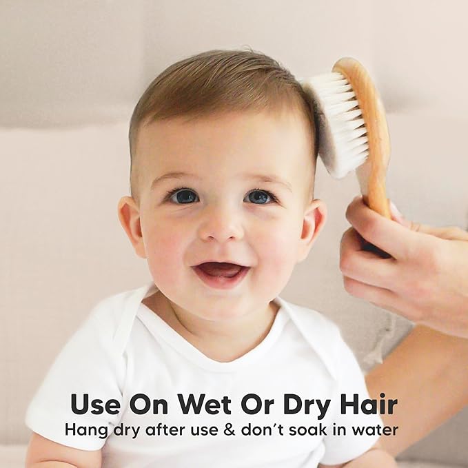 Baby Hair Brush and Comb Set for Newborn - Wooden Baby Hair Brush Set with Soft Goat Bristle, Baby Brush Set for Newborns, Baby Brush and Comb Set Girl, Boy, Toddler Cradle Cap Brush (Round, Walnut)