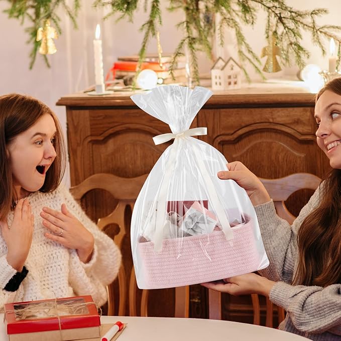 4 Pack Small Storage Shelf Baskets for Organizing, Mini Woven Rope Storage Bins for Towels, Cute Decorative Closet Organizer，Baby Nursery, Gift Empty Baskets -11.81''Lx7.87''Wx4.72''H-Pink