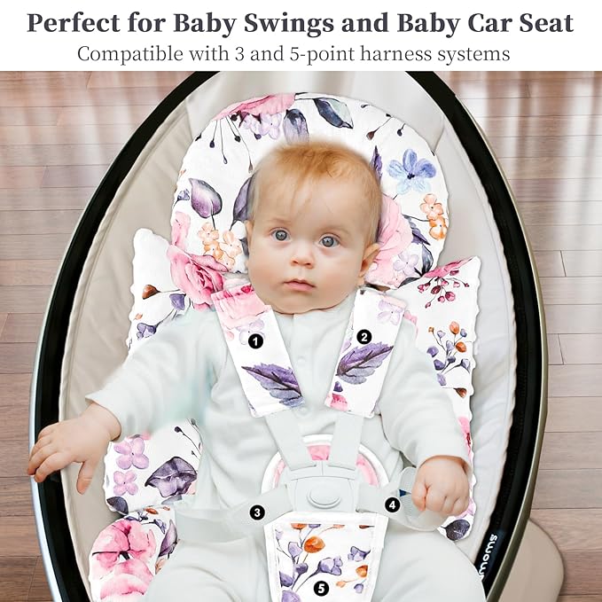 Pea Pod Infant Car Seat Insert with 3 Strap Covers, 3 in 1 Reversible Floral Baby Car Seat Head Support for Newborn, 3D Soft Minky Carseat Cushion for Preemie to Infant, Stroller, Swing, Bouncer