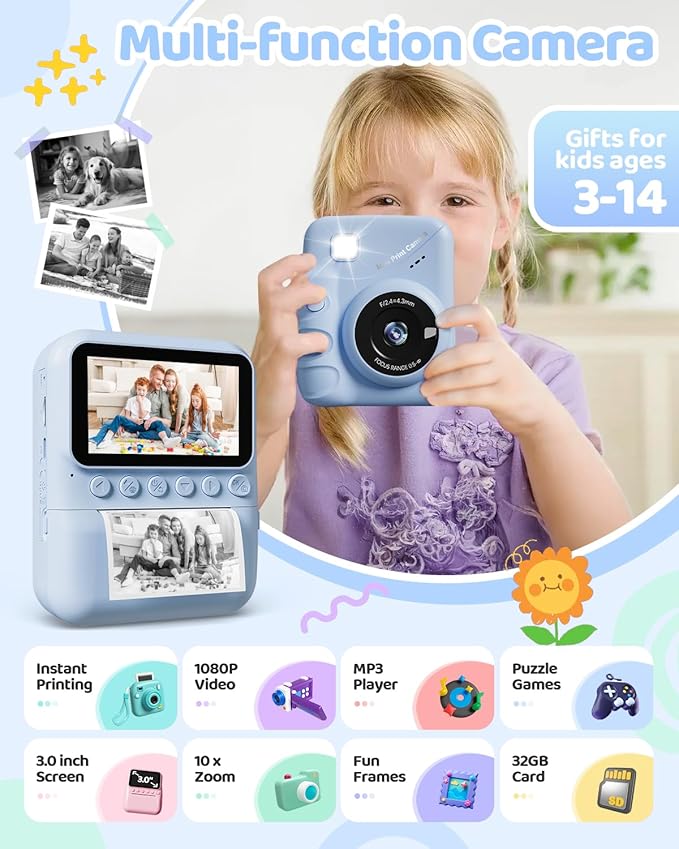 Kids Camera Instant Print for Girls Ages 3-14, 3-inch HD Screen Camera for Kids with Printing Paper, 1080P Digital Toddler Toys for 4 5 6 7 8 9 10 11 12 Years Old (Blue)