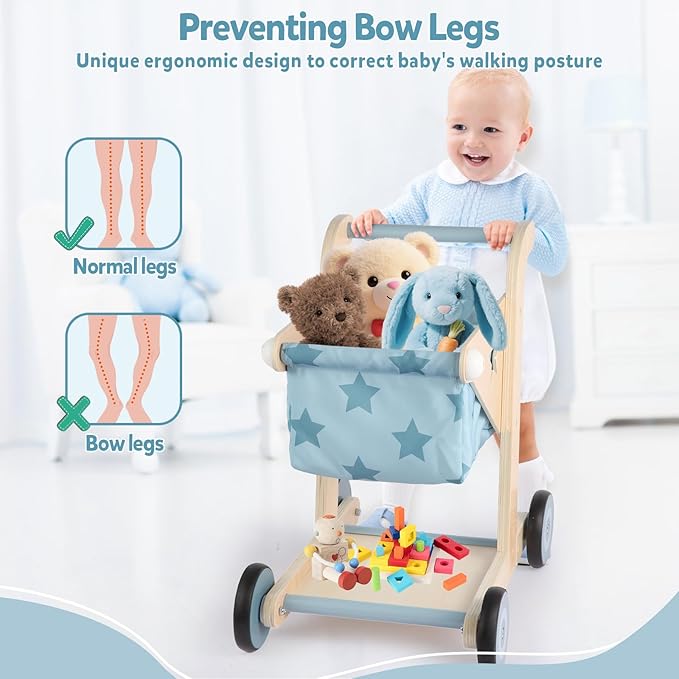 Asweets 2 in 1 Wooden Baby Walker Push and Pull Doll Stroller, Shopping Cart Learning Walker for Boys and Girls, Sit Stand Learning Toddler Toy (Blue)