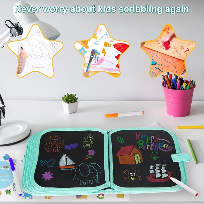 Erasable Doodle Set for Kids - Reusable Magic Drawing Book with 12 Watercolor Pens 14 Page Drawing, Road Trip Car Game Writing Painting Set for Boys and Girls (Sheep)