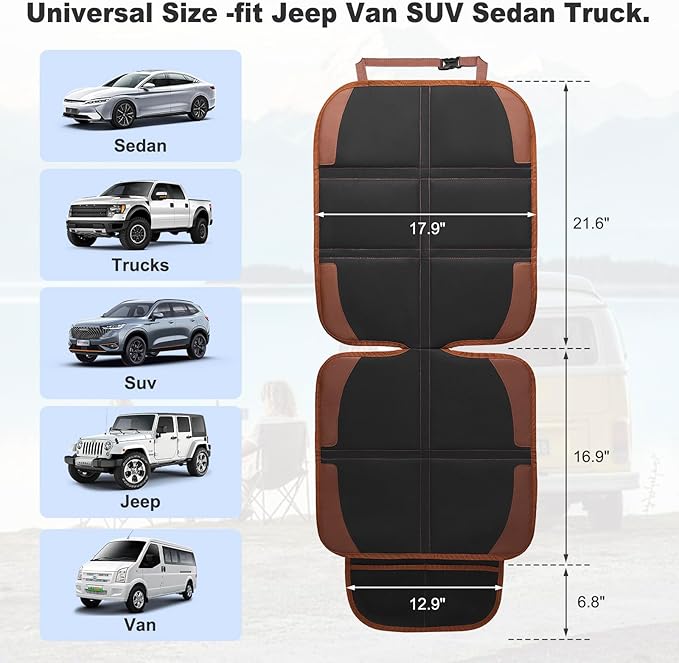 Car Seat Protector for Child, 2 Pack With Mesh Pockets & Non-Slip Backing 600D Durable Under Baby Seat Cover for Back Seat (Dark Brown, Standard)