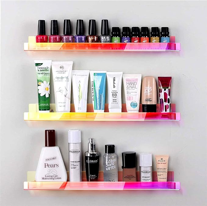 4 Pack 15 Inch Iridescent Acrylic Shelves, Clear Rainbow Floating Shelves for Wall, Modern Sunglasses Essential Oil Picture Ledge Display Toy Storage Wall Shelf