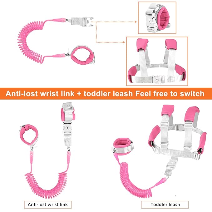 2 in 1 Toddler Leash Anti Lost Wrist Link Pink Safety Harness with Lock for Kids, Baby Leash Anti Lost Wrist Link Safety Wrist Link for Toddlers(Pink 8.2 Ft) …