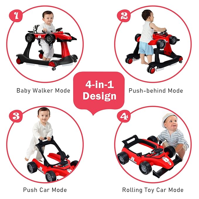 BABY JOY 4-in-1 Baby Walker, Foldable Activity Walker with Adjustable Height & Speed, Music, Lights, Anti-Rollover, Toddler Push Walker, Baby Walker with Wheels for Boys Girls 6-18 Months (Red)
