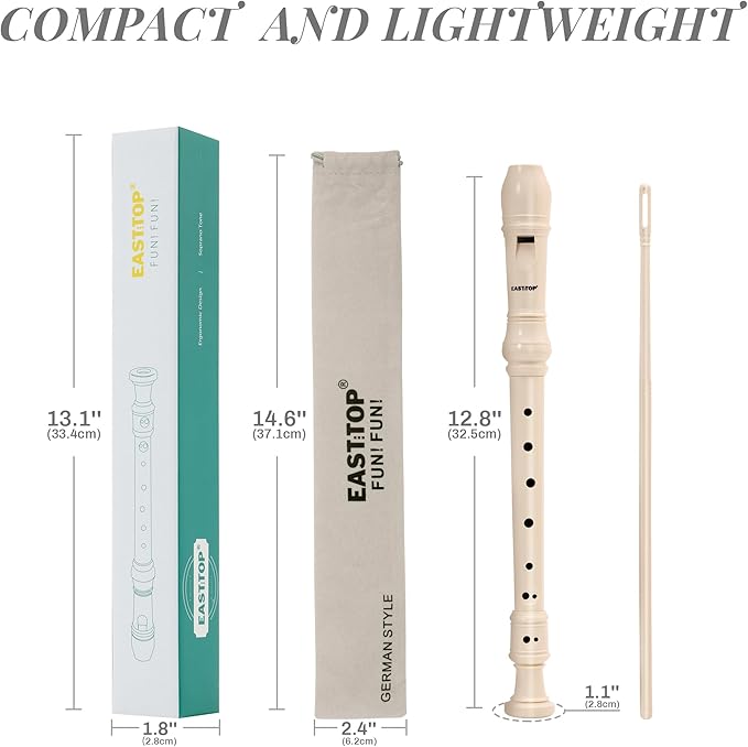 EAST TOP Soprano Recorder for Kids Beginners, 8 Hole Plastic German Fingering Flute Recorder 3 Piece with Cleaning stick, Cotton pouch, Fingering Chart, Colorful box (Ivory), as a gift